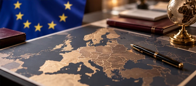 Europakarte und EU-Flagge neben Geschäftsunterlagen auf einem Tisch