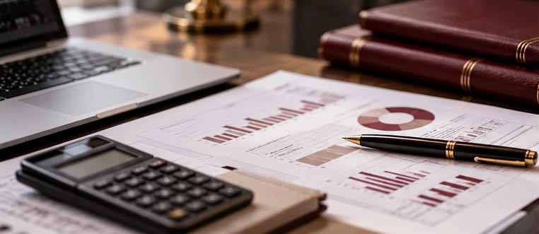 Taschenrechner und Finanzdiagramme auf dem Schreibtisch