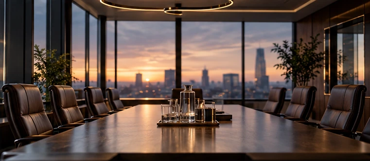 Eleganter Konferenzraum mit Besprechungstisch im Abendlicht