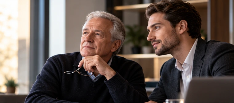 Ălterer Unternehmer und jĂŒngerer GesprĂ€chspartner in einem BĂŒro