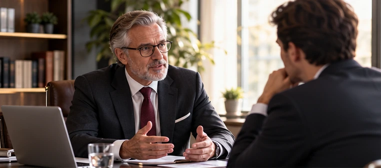 Zwei GeschÀftsleute im vertraulichen GesprÀch an einem Schreibtisch