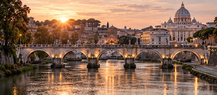 Historische Steinbrücke über einem Fluss bei Sonnenuntergang